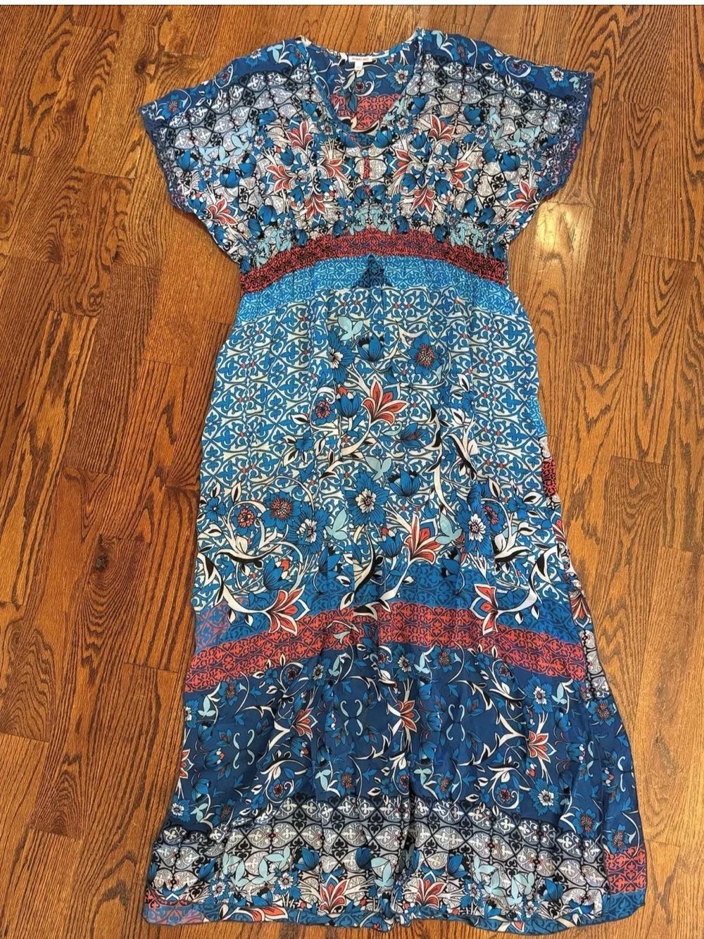 Johnny Was Blue Red Floral Printed Maxi Dress EUC MSRP $228 - Picture 2 of 5